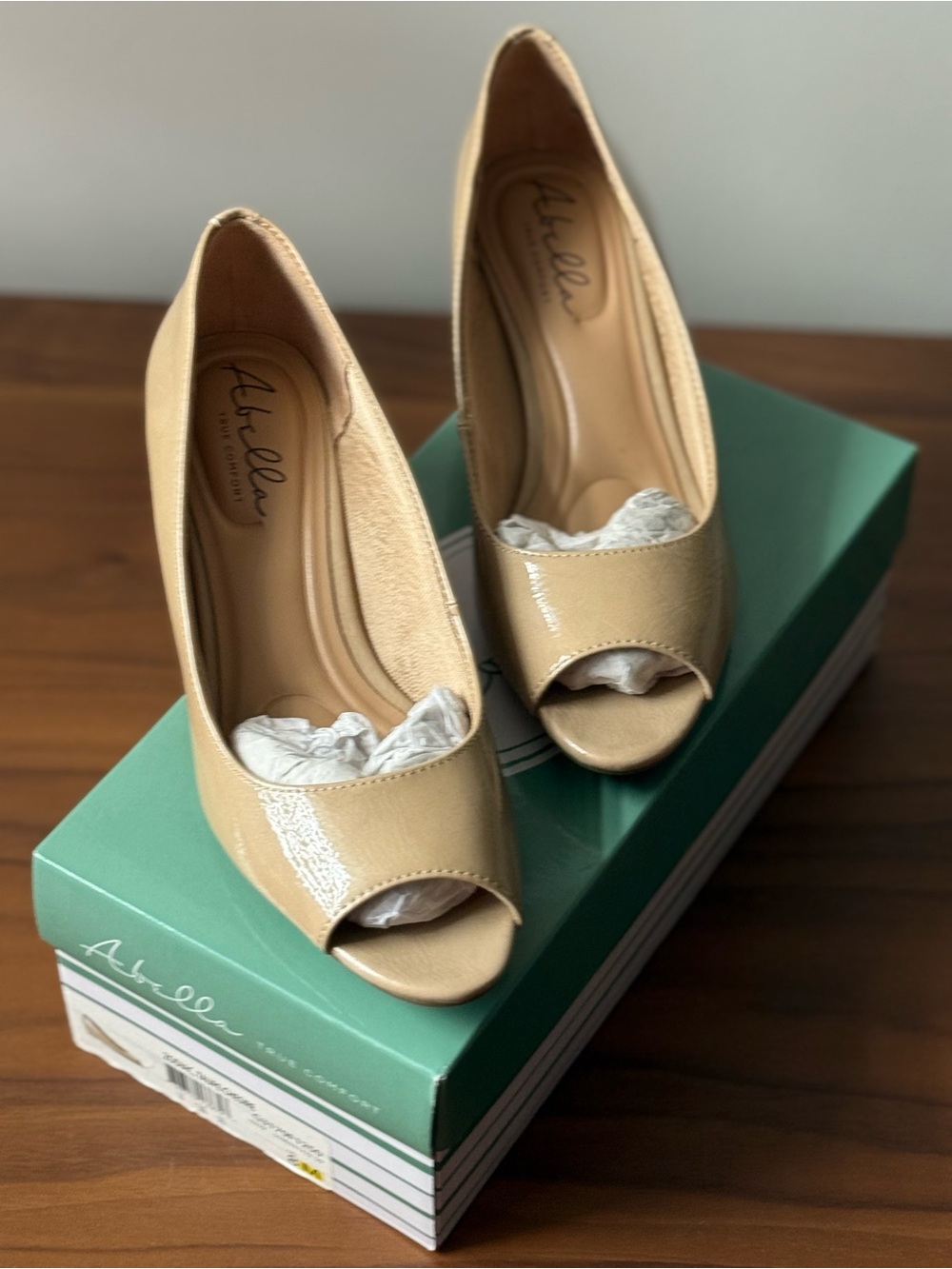 Abella Beige Patent Peep-Toe Wedge Heels